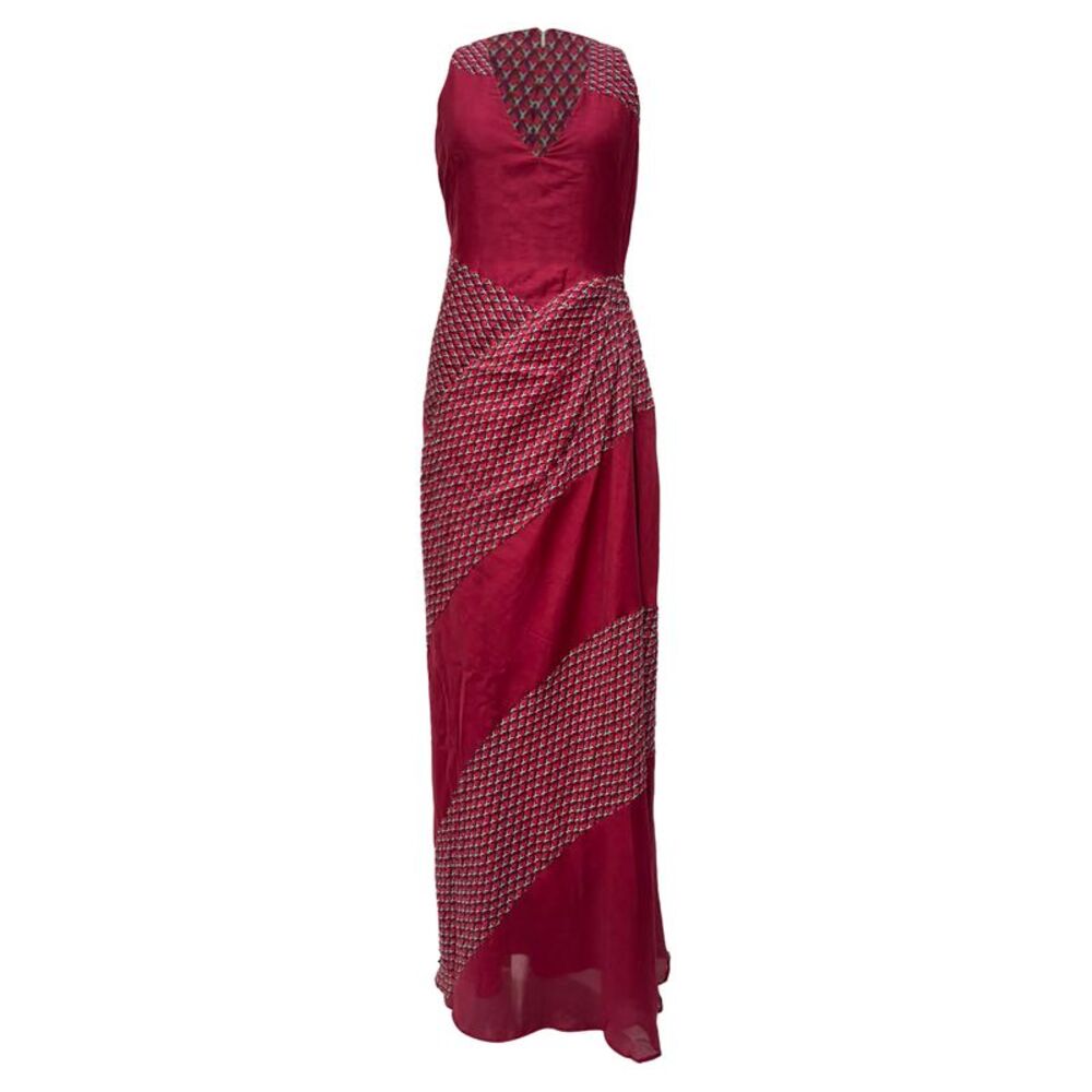 Sportmax V-neck Printed Maxi Dress in Red Cotton